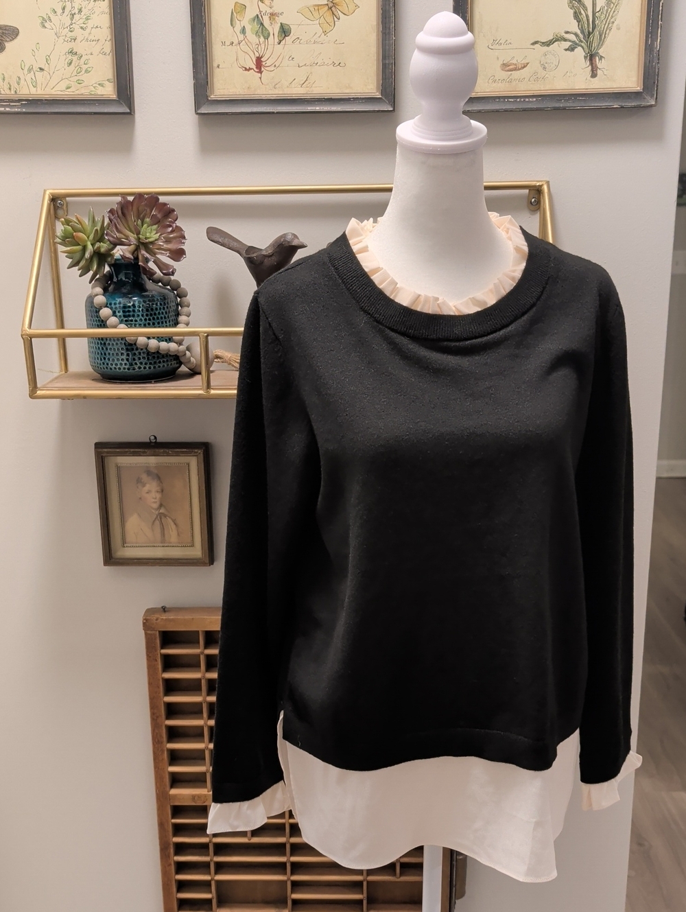 Anne Klein $99 NWT Size Medium Black Layered-Look Sweater with Cream Ruffle Trim